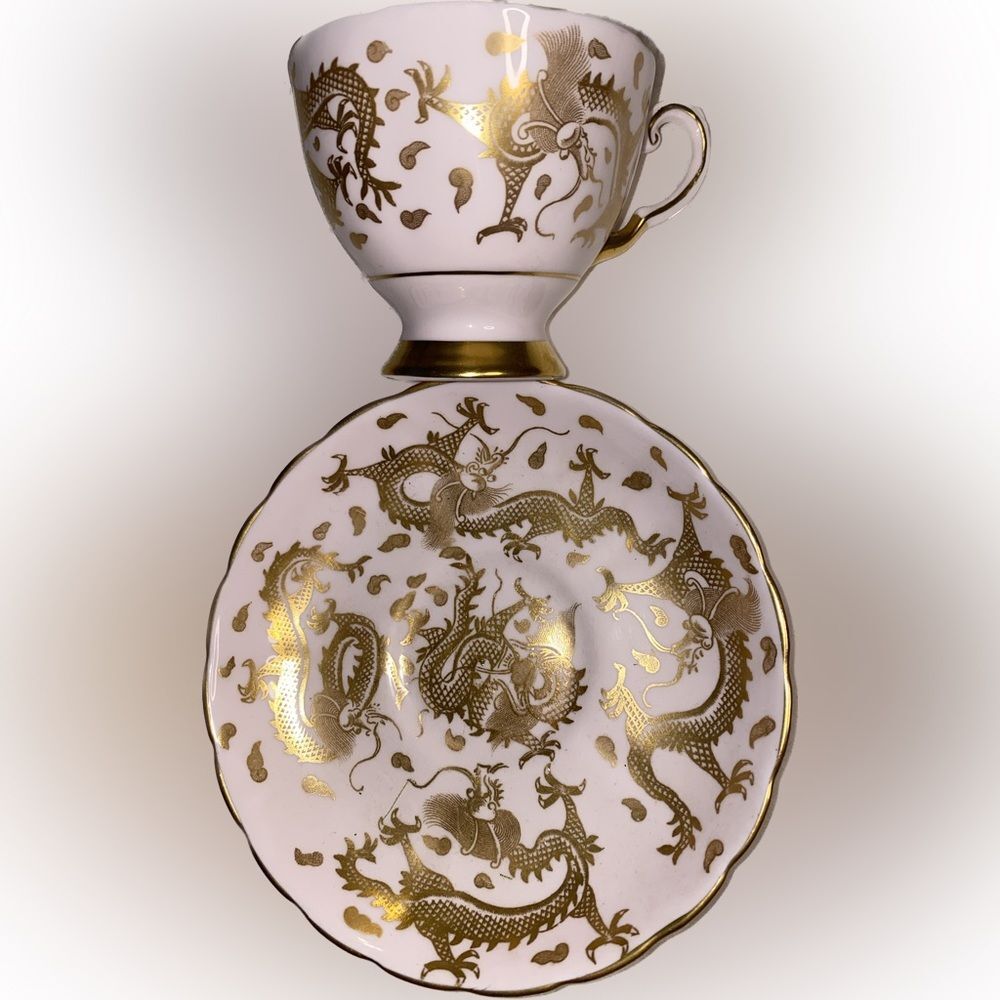 Vintage Bone china English Tea Cup Gold Dragons Pale Pink Tuscan
